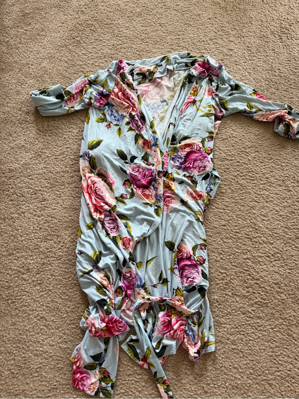 Posh Peanut maternity Light Blue Floral Wrap Robe with Pink & Purple Roses